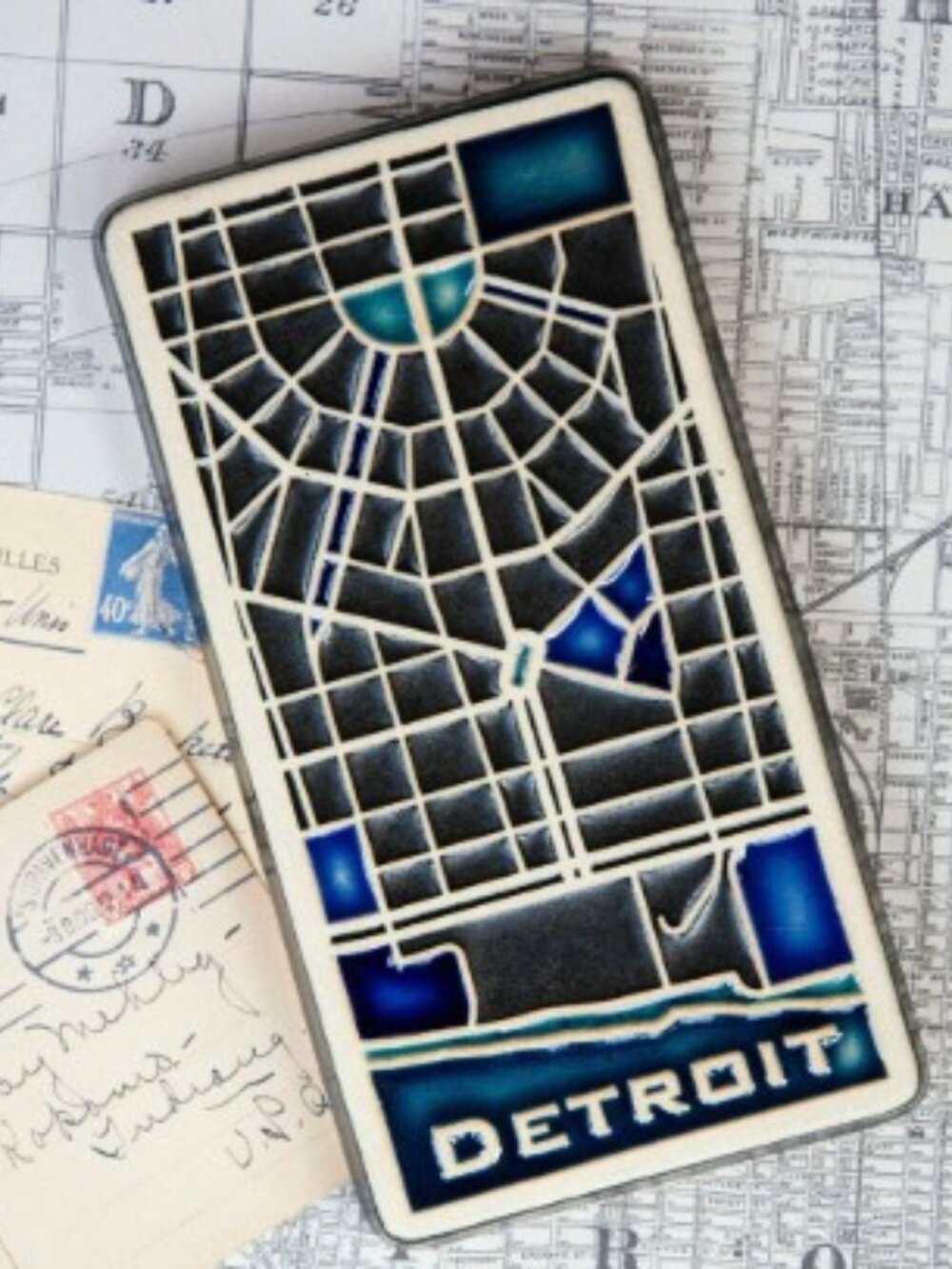 Pewabic Detroit Map Tile – Brand New in Box w/ Stand, Handcrafted 4x8 Ceramic Ar